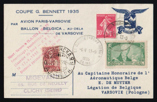 "1935 Balloon Post Gordon Bennett Cup ""Belgica"" Flight PARIS France - WARSAW Poland extended to USSR Russia VESHENSKAYA pmk mixed franking souvenir card Air Mail"