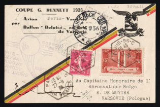 "1936 Balloon Post Gordon Bennett Cup ""Belgica"" Flight PARIS France - WARSAW Poland extended to USSR Russia ARKHANGELSK pmk souvenir card Air Mail"
