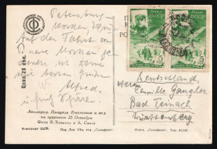 1935 Russia USSR Moscow pmk PPC postcard (Leningrad Uprising Square) fr. Air Post 5k A. Lyapidevsky pair to Germany