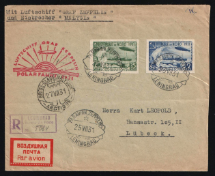 "1931 Russia USSR Zeppelin Post LZ 127 Arctic Polar Flight Leningrad registered cover fr. imperf. 35k + 2r Icebreaker ""Malygin"" Airship to Lubeck Germany Air Mail"