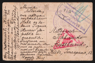 1916 Petrograd Censorship, WWI Censored POW postcard from Austria to Kiev with violet boxed censor handstamp 'Opened by censor 268' and Vienna cs