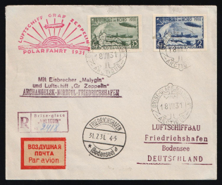 "1931 Russia USSR Zeppelin Post LZ 127 Arctic Polar Flight registered cover sent from Icebreaker ""Malygin"" mobile PO fr. imperf. 35k + 2r to Friedrichshafen (Bodensee) Germany Air Mail"