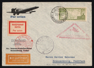 1932 Russia Arctic Post pictorial pmk USSR / Plane / FRANZ JOSEPH LAND cover 1st Polar Air Mail Flight triangular cachet fr. 1r International Polar Year via ARKHANGELSK and Berlin to Braunschweig Germany