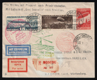 1932 Russia USSR Zeppelin Post LZ 127 South America Flight Moscow registered cover fr. 15k + 20k + 50k Airships via Berlin, Stuttgart and Friedrichshafen (Bodensee) Germany to Brazil Air Mail
