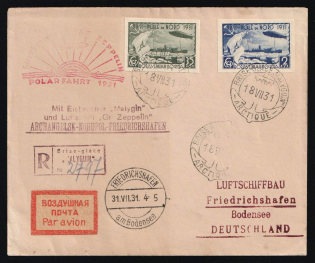 "1931 Russia USSR Zeppelin Post LZ 127 Arctic Polar Flight registered cover sent from Icebreaker ""Malygin"" mobile PO fr. imperf. 35k + 2r to Friedrichshafen (Bodensee) Germany Air Mail"