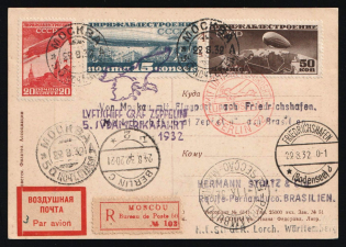 "1932 Russia USSR Zeppelin Post LZ 127 South America Flight Moscow registered postcard PPC (painting P. Subbotin ""Buffoons with a Bear"") fr. 15k + 20k + 50k Airships via Berlin and Friedrichshafen (Bodensee) Germany to Brazil Air Mail"