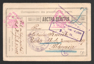1916 Petropavlovsk Censorship, WWI Censored POW postcard to Austria with violet boxed censor handstamp 'Opened by censor 1009', violet round 'military censor DC' and Vienna cs