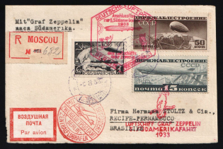 "1933 Russia USSR Zeppelin Post LZ 127 South America Flight Moscow registered cover fr. 15k and 50k Airships + 1r Icebreaker ""Malygin"" via Berlin to Brazil Air Mail"