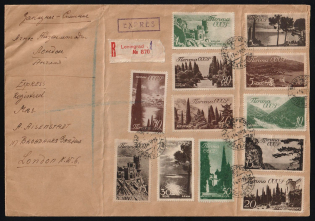 1939 Russia USSR Leningrad registered express cover fr. 1938 Soviet resorts Crimea and Caucasus full set to London England GB UK