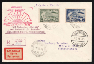 "1931 Russia USSR Zeppelin Post LZ 127 Arctic Polar Flight registered cover sent from Icebreaker ""Malygin"" mobile PO fr. imperf. 35k + 2r via Friedrichshafen (Bodensee) Germany to Vienna Wien Austria Air Mail"