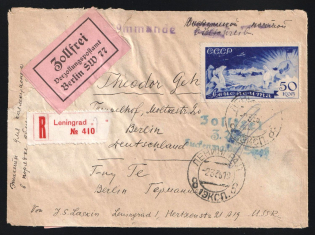 "1936 Russia USSR Leningrad registered cover fr. Air Post 50k Arctic camp Polar bears + German ""Zollfrei"" (Duty Free) Customs label and blue mark to Berlin-Tempelhof Germany"
