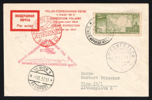 1932 Russia Arctic Post pictorial pmk USSR / Plane / FRANZ JOSEPH LAND cover 1st Polar Air Mail Flight triangular cachet fr. 1r International Polar Year via ARKHANGELSK and Berlin to Wien Vienna Austria