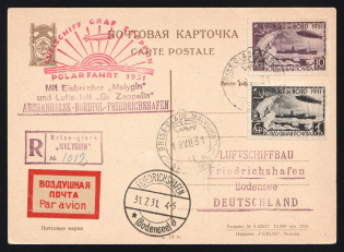 "1931 Russia USSR Zeppelin Post LZ 127 Arctic Polar Flight registered postcard PPC (Goznak production samples) sent from Icebreaker ""Malygin"" mobile PO fr. imperf. 30k + 1r to Friedrichsfafen (Bodensee) Germany Air Mail"