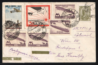 1933 Russia USSR Moscow Air Mail cover fr. 10k Airship x 4 + 18k Lenin + Fellin and Ukraine-Crimea Aircraft charity stamps to Wien Vienna Austria