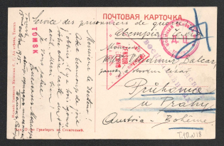 1916 Tomsk Censorship, WWI Censored POW postcard from Tomsk to Austria with red round handstamp 'Military censor 18' and Vienna cs