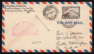 "1931 Germany LZ 127 Arctic Post Polar Flight LUFTSCHIFF / GRAF ZEPPELIN mobile PO pmk + USSR Russia Icebreaker ""Malygin"" Anchor pmk Air Mail cover fr. 4 RM to Seattle USA"