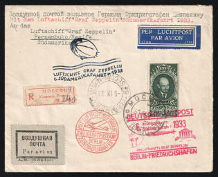 "1933 Russia USSR Zeppelin Post LZ 127 South America Flight Moscow registered cover fr. 3r Lenin + 1c charity stamps ""Save the Scottsboro Boys"" on back via Berlin and Friedrichshafen Germany to Brazil Air Mail"