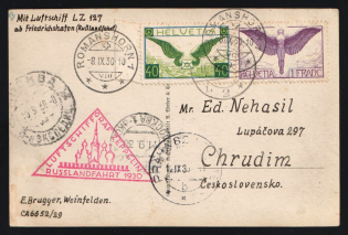 1930 Switzerland Zeppelin Post LZ 127 Russian Flight Romanshorn via Moscow USSR Russia and Prague Air Mail postcard PPC (Dornier Do X flying boat Seaplane) to Chrudim Czechoslovakia