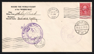 "1931 USA Mineola N.Y. Round The World Flight of the ""Winnie Mae"" Air Mail souvenir cover signed by the pilot and navigator with transit Berlin pmk + two Russian seals ""Grazhdvozdukhflot"" and ""Dobrolet"""