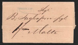 1860 Russia Odessa stampless Porto 7 1/2 folded entire cover (printed trade document) via BRITISH POST OFFICE / CONSTANTINOPLE Levant to MALTA