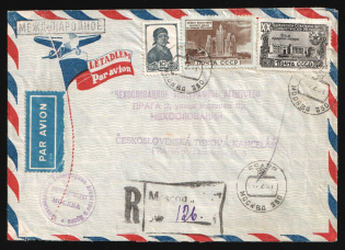 1951 Russia USSR Air Mail Moscow commercial registered cover fr. 1r Skyscraper + 1r Tajikistan + 10k def to Prague Czechoslovakia