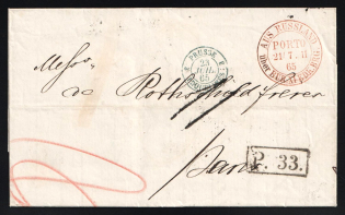1865 Russia SPB WARSAW R.R. / ST. PETERSBURG Station pmk via Prussia AUS RUSSLAND Railway TPO XI (Eydtkuhnen-Bromberg) via Belgium PRUSSE / ERQUELINES frontier PO transit pmk Porto P. 33. stampless folded entire cover to PARIS / POSTE RESTANTE France