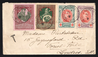 1915 Belgium WWI Belgian Government in exile in France LE HAVRE pmk cover fr. 5c and 20c + added Russian 1k + 3k charity stamps to London England GB UK