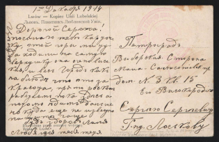 1914 Office of the Red Cross Commissioner on the Evacuation of the Mentally Ill WWI postcard to Petrograd with red medical handstamp