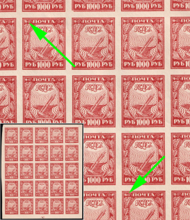 1921 1000r RSFSR, Russia, Part of Sheet (Zv. 8, Lyapin 32 P 3, With 'bean', 'pea', CV $40)