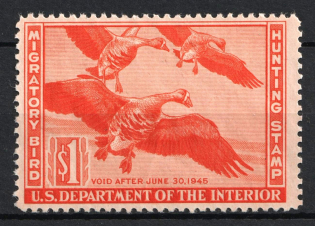 1944 1d Hunting Permit Stamp, United States, USA (Scott RW 11, Red Orange, Full Set, CV $35)