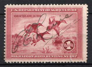 1935 1d Hunting Permit Stamp, United States, USA (Scott RW 2, Rose Lake, Full Set, Pen Cancellation, CV $160)