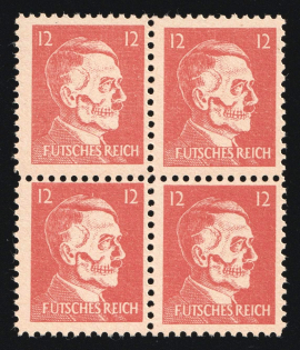 12pf Hitler-Skull, 'Futsches Reich', Private Propaganda Forgery of Hitler Issue, Anti-German Propaganda, Block of Four (Mi. 17, CV $620, MNH)