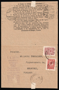 1921 RSFSR, Russia, Correspondence with Original Subscription Form from Solombala via Moscow to Helsinki (Finland), franked with 4k and 5k Russian Empire