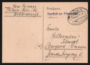 1945 (29 Oct) Third Reich, Germany, Postcard from Muelheim to Stargard