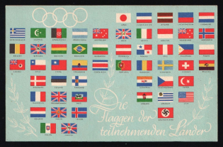 1936 'Flags of the Participating Countries', Propaganda Postcard, Third Reich Nazi Germany
