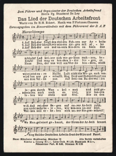 1939 'To the Leader and Organizer of the German Labor Front. The Song of the German Labor Front. Words by Dr. H.M. Eckert. Music by P. Pietzner-Clausen', Propaganda Postcard, Third Reich Nazi Germany