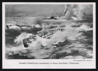 1942 'German Speedboats Torpedo Enemy Auxiliary Cruiser in the Canal', Propaganda Postcard, Third Reich Nazi Germany