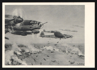 1923-1945 'Heinkel He 111 Fighter Aircraft Dropping Bombs Over an Enemy Airfield', Propaganda Postcard, Third Reich Nazi Germany