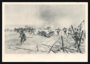 1923-1945 'Armored Combat Vehicles and Infantry Advance', Propaganda Postcard, Third Reich Nazi Germany