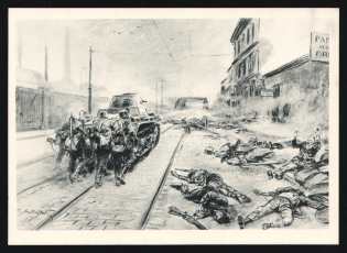 1923-1945 'Infantry Enters an Enemy Town Under Cover of Armored Fighting Vehicles', Propaganda Postcard, Third Reich Nazi Germany