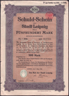 1918 (1 Mar) Leipzig, German Empire, Germany, 5% Promissory Note for 500 Marks