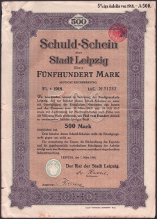 1918 (1 Mar) Leipzig, German Empire, Germany, 5% Promissory Note for 500 Marks