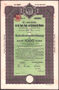 1918 (11 Jun) Munich, German Empire, Germany, 5% Bond for 1000 Marks