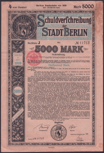 1919 (8 May) Berlin, Weimar Republic, Germany, Bond for 5000 Marks