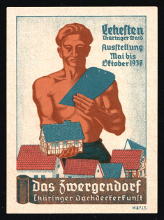 1937 'Lehesten Thuringian Forest. Exhibition May to October 1937 The Dwarf Village Thuringian Roofing Art', Propaganda Label Stamp, Third Reich Nazi Germany