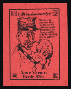 1933-1945 'Selft the Saar Germans! The Saar is a Hard Fruit for Those Who Seek to Bite it. So Let it Lie Undisturbed in the German Reich to Which it Belongs! Saar Association Berlin', Propaganda Label Stamp, Third Reich Nazi Germany