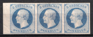 1859 2gr Hannover, German States, Germany, Strip (Mi. 15, Plate Number '7', Margin, Signed, CV $80)