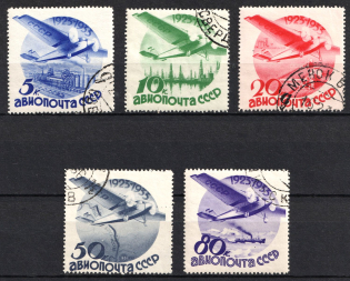 1934 The 10th Anniversary of Soviet Civil Aviation, Soviet Union, USSR, Russia (Zv. 354 - 358, Without watermark, Full Set, Used, CV $60)