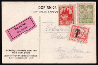 1919-20 Czechoslovak Legion in Siberia postcard to Prague franked with 25k, 50k (Russika 5, 6, CV $700) canceled by Legion's postmark, additionally franked with Czechoslovakia porto stamp, with rose 'Unknown address' label, very rare