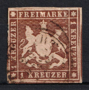 1857 1kr Wurttemberg, German States, Germany (Mi. 6, Used, CV $130)